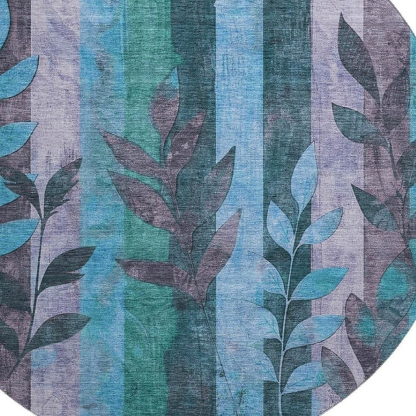 HomeRoots 8' Denim Blue & Lavender Floral Washable Round Rug – UV Protected, Stain Resistant for Busy Homes 706388