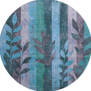 HomeRoots 8' Denim Blue & Lavender Floral Washable Round Rug – UV Protected, Stain Resistant for Busy Homes 706388