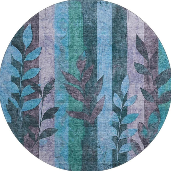 HomeRoots 8' Denim Blue & Lavender Floral Washable Round Rug – UV Protected, Stain Resistant for Busy Homes 706388