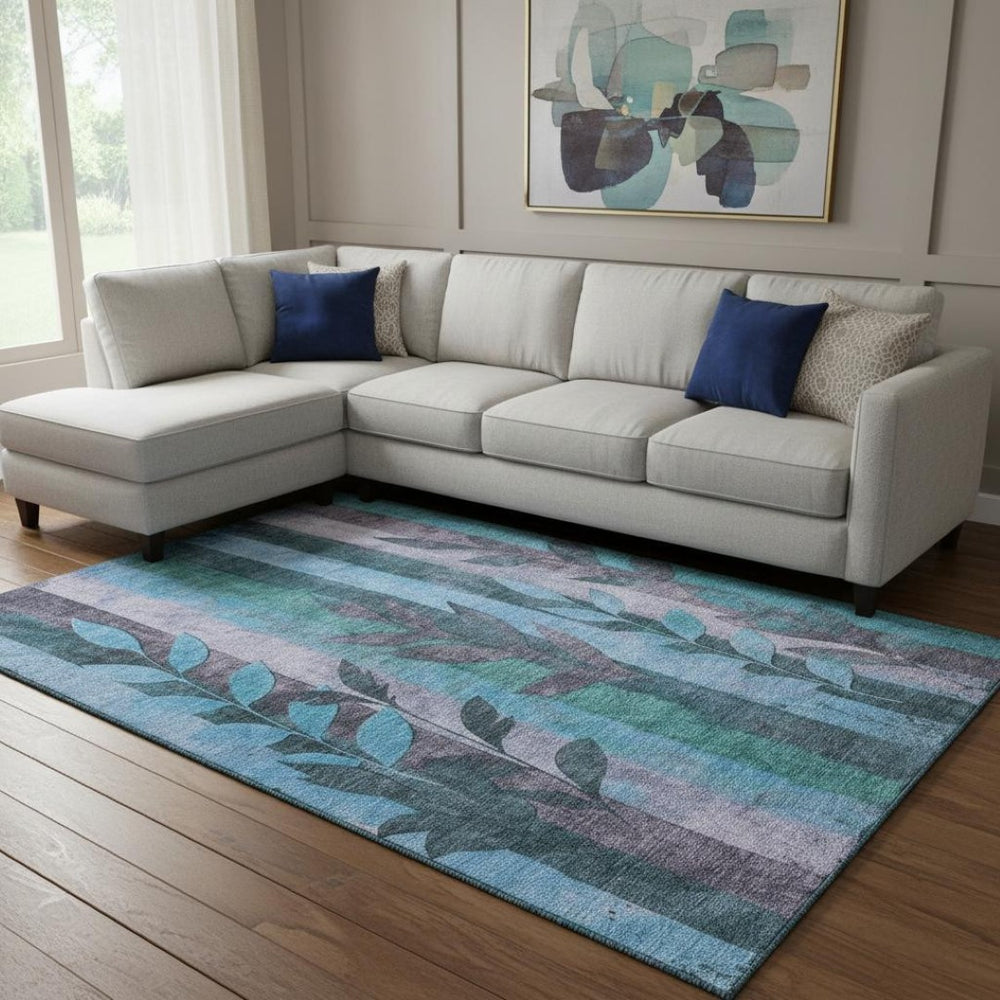 HomeRoots 8' X 10' Washable Denim Blue & Lavender Floral Area Rug with UV Protection for Busy Homes & Style 706389