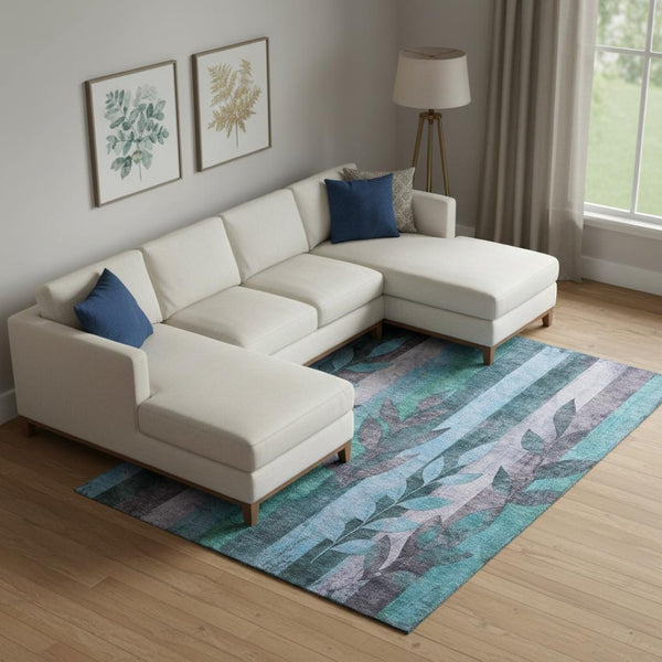 HomeRoots 9' X 12' Denim Blue & Lavender Floral Area Rug - Washable, UV Protected, Non-Slip for Busy Homes 706390
