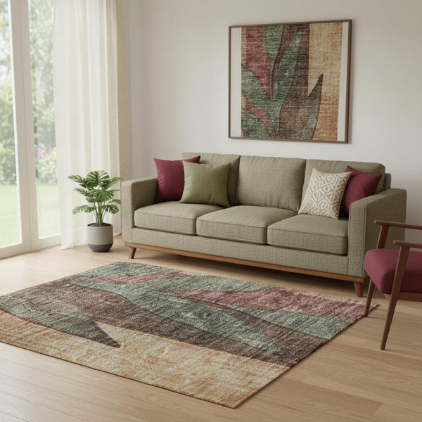HomeRoots 5' X 8' Floral Area Rug – Terra Cotta & Sage, Washable, UV Protected, Stain Resistant for Busy Homes 706393