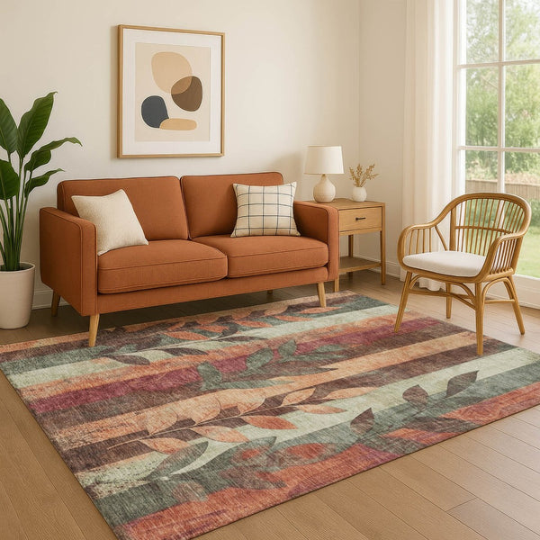 HomeRoots 5' X 8' Floral Area Rug – Terra Cotta & Sage, Washable, UV Protected, Stain Resistant for Busy Homes 706393