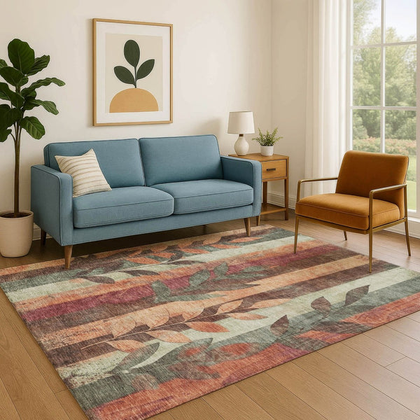 HomeRoots 5' X 8' Floral Area Rug – Terra Cotta & Sage, Washable, UV Protected, Stain Resistant for Busy Homes 706393