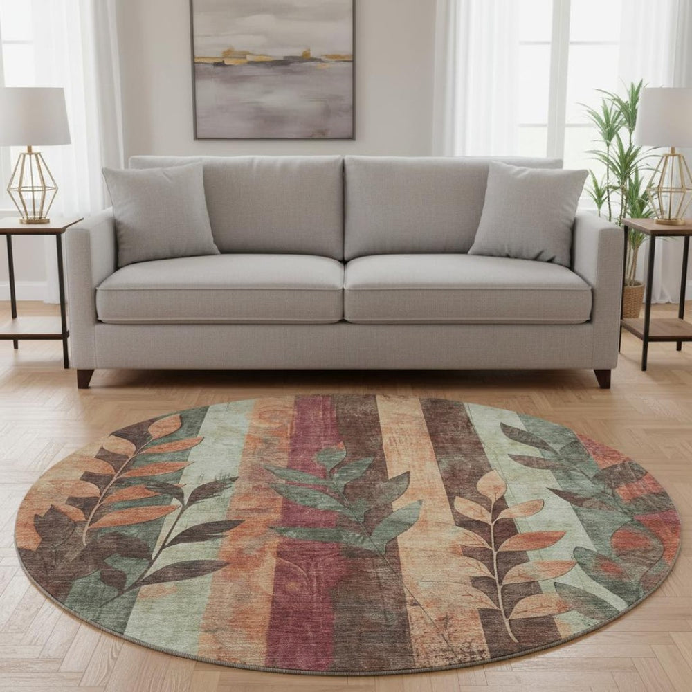 HomeRoots 8' Washable Terra Cotta & Sage Floral Round Rug with UV Protection – Durable, Stylish, and Easy Care! 706394