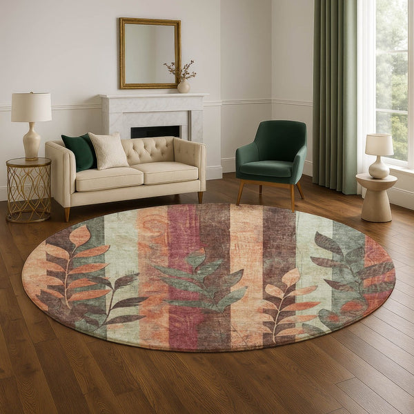 HomeRoots 8' Washable Terra Cotta & Sage Floral Round Rug with UV Protection – Durable, Stylish, and Easy Care! 706394