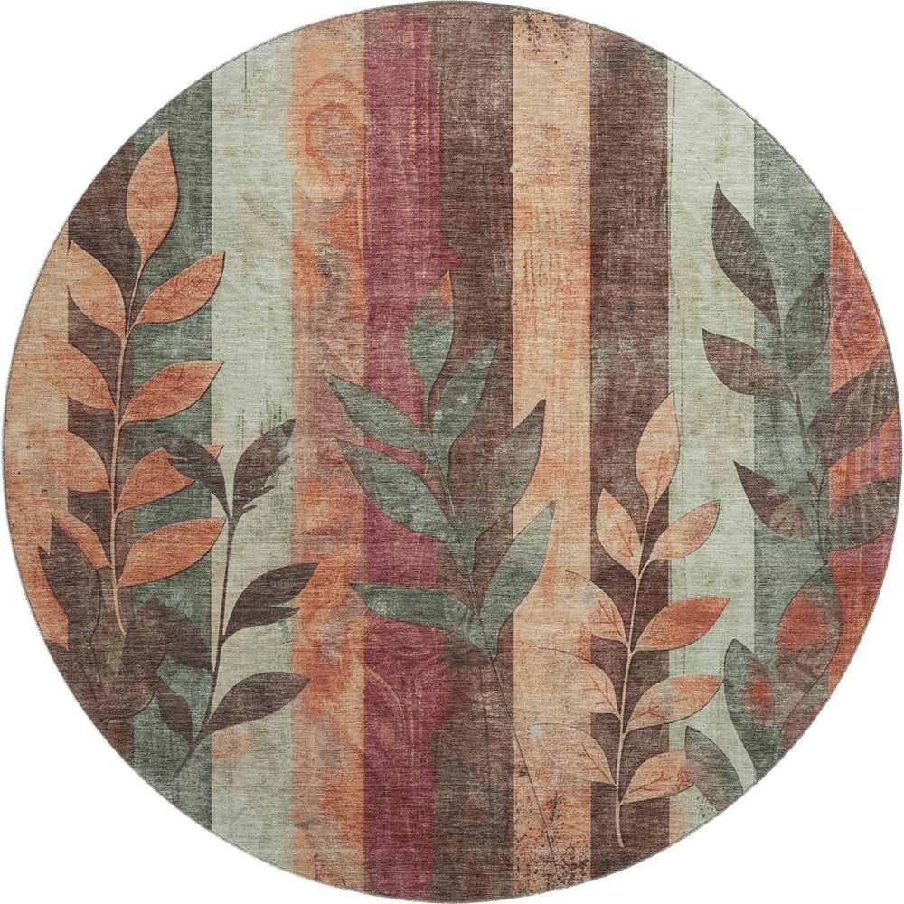 HomeRoots 8' Washable Terra Cotta & Sage Floral Round Rug with UV Protection – Durable, Stylish, and Easy Care! 706394