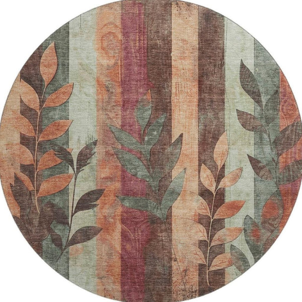 HomeRoots 8' Washable Terra Cotta & Sage Floral Round Rug with UV Protection – Durable, Stylish, and Easy Care! 706394
