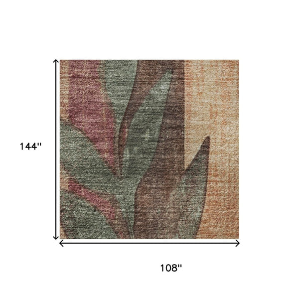 HomeRoots 9' X 12' Terra Cotta & Sage Floral Washable Area Rug - UV Protected for Homes with Kids & Pets! 706396