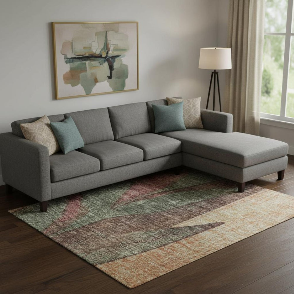 HomeRoots 9' X 12' Terra Cotta & Sage Floral Washable Area Rug - UV Protected for Homes with Kids & Pets! 706396