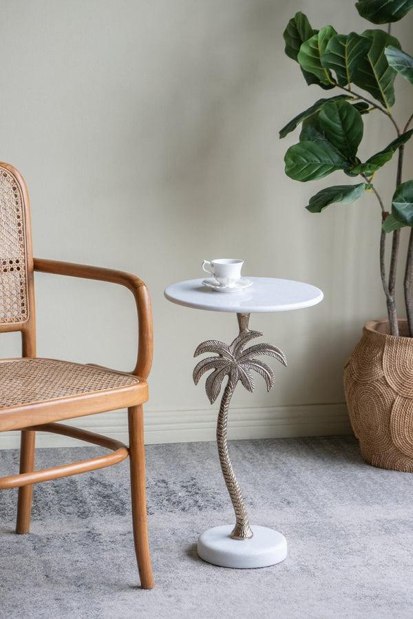 English Elm 14x14x24" Round Marble Top Side Table Sculptural Gold Palm Pedestal Accent Piece W2078P461588