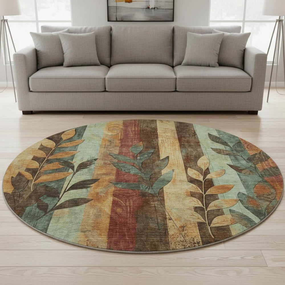 HomeRoots 8' Wheat and Merlot Floral Washable Round Rug - Durable, Stain-Resistant, UV-Protected Comfort! 706400