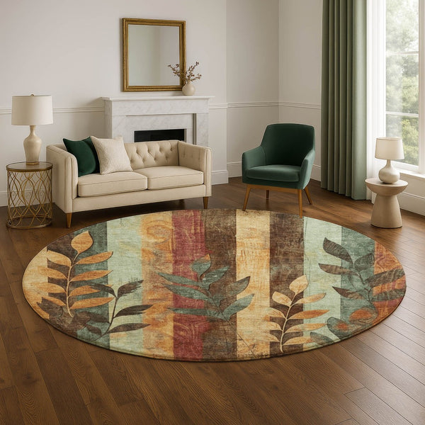 HomeRoots 8' Wheat and Merlot Floral Washable Round Rug - Durable, Stain-Resistant, UV-Protected Comfort! 706400