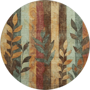 HomeRoots 8' Wheat and Merlot Floral Washable Round Rug - Durable, Stain-Resistant, UV-Protected Comfort! 706400