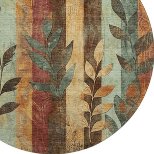 HomeRoots 8' Wheat and Merlot Floral Washable Round Rug - Durable, Stain-Resistant, UV-Protected Comfort! 706400
