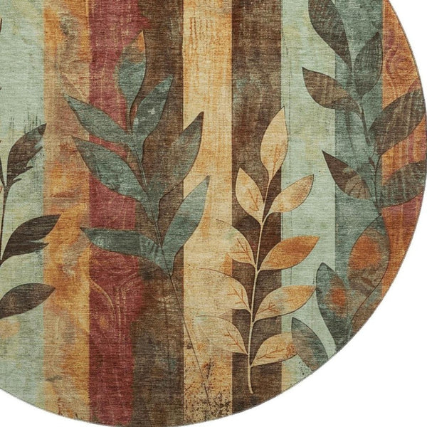 HomeRoots 8' Wheat and Merlot Floral Washable Round Rug - Durable, Stain-Resistant, UV-Protected Comfort! 706400