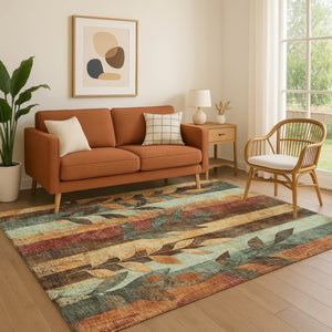 HomeRoots 10' X 14' Floral Washable Area Rug in Wheat & Merlot – UV Protected, Durable, Family-Friendly Design 706403