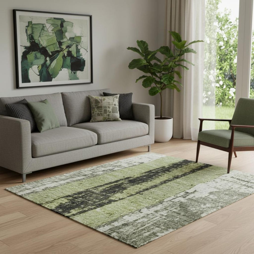 HomeRoots 5' X 8' Artichoke Green and Gray Striped Area Rug with UV Protection for Stylish Indoor & Outdoor Use 706405