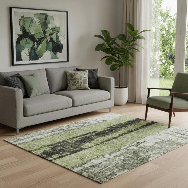 HomeRoots 5' X 8' Artichoke Green and Gray Striped Area Rug with UV Protection for Stylish Indoor & Outdoor Use 706405