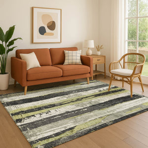 HomeRoots 5' X 8' Artichoke Green and Gray Striped Area Rug with UV Protection for Stylish Indoor & Outdoor Use 706405