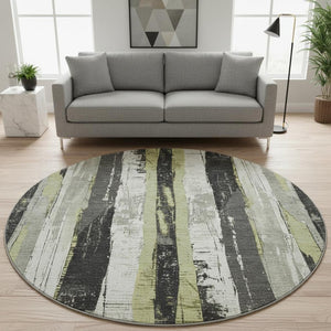HomeRoots 8' Artichoke Green & Gray Striped Washable Round Rug – UV Protected, Durable & Easy-Care Design! 706406