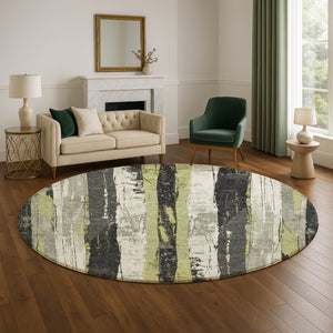 HomeRoots 8' Artichoke Green & Gray Striped Washable Round Rug – UV Protected, Durable & Easy-Care Design! 706406