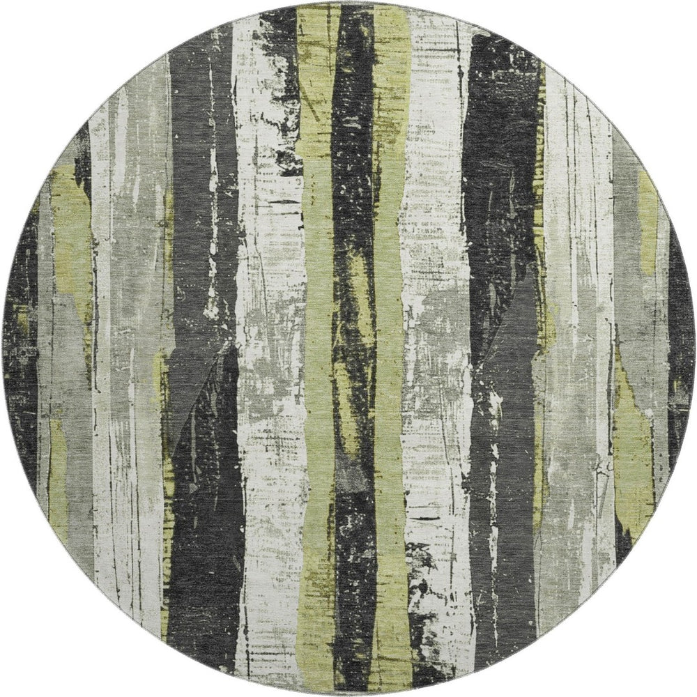 HomeRoots 8' Artichoke Green & Gray Striped Washable Round Rug – UV Protected, Durable & Easy-Care Design! 706406