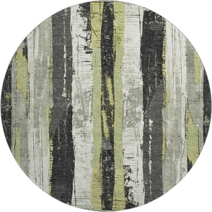 HomeRoots 8' Artichoke Green & Gray Striped Washable Round Rug – UV Protected, Durable & Easy-Care Design! 706406