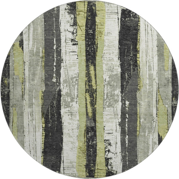 HomeRoots 8' Artichoke Green & Gray Striped Washable Round Rug – UV Protected, Durable & Easy-Care Design! 706406