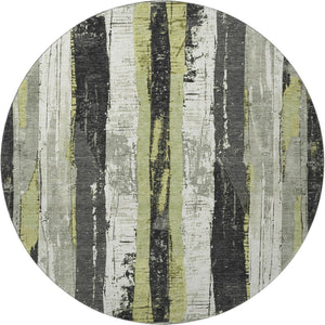 HomeRoots 8' Artichoke Green & Gray Striped Washable Round Rug – UV Protected, Durable & Easy-Care Design! 706406