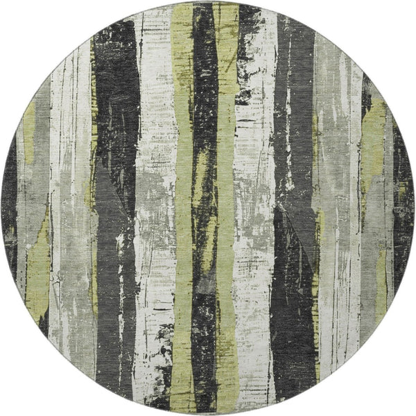 HomeRoots 8' Artichoke Green & Gray Striped Washable Round Rug – UV Protected, Durable & Easy-Care Design! 706406