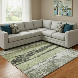 HomeRoots 8' X 10' Artichoke Green & Gray Striped Washable Area Rug - Stain Resistant, UV Protected, Non-Slip! 706407