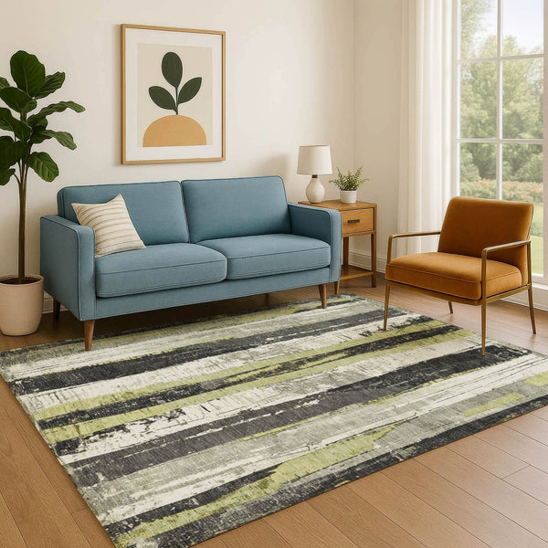 HomeRoots 10' Artichoke Green & Gray Striped Area Rug - Washable, UV Protected, Stain Resistant for Homes 706409