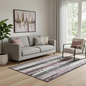 HomeRoots 5' Blush & Gray Striped Washable Area Rug - UV Protected, Durable, Easy-Care for Modern Homes 706411