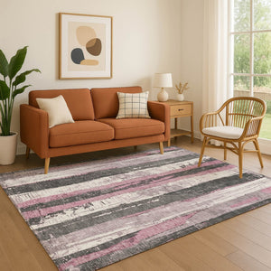 HomeRoots 5' Blush & Gray Striped Washable Area Rug - UV Protected, Durable, Easy-Care for Modern Homes 706411