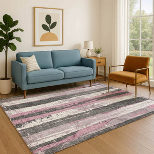 HomeRoots 5' Blush & Gray Striped Washable Area Rug - UV Protected, Durable, Easy-Care for Modern Homes 706411