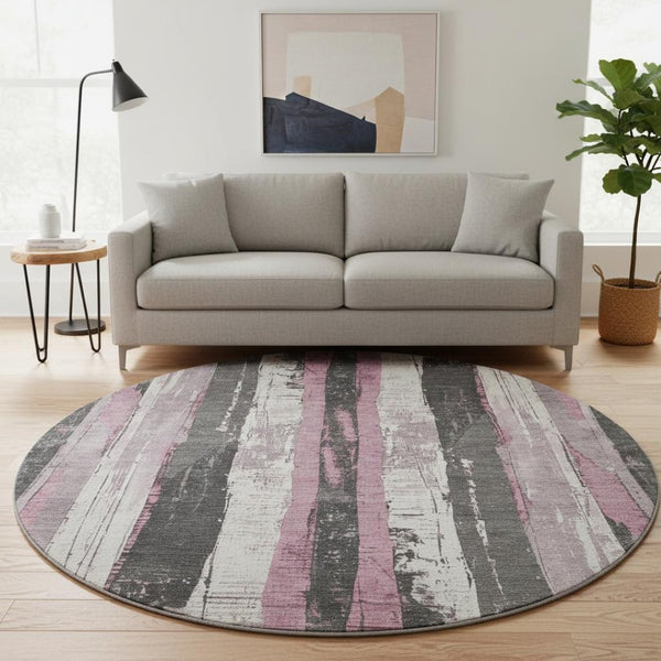 HomeRoots 8' Blush and Gray Striped Washable Round Rug – Durable, UV-Protected, Stylish for Indoor Spaces 706412