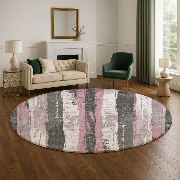 HomeRoots 8' Blush and Gray Striped Washable Round Rug – Durable, UV-Protected, Stylish for Indoor Spaces 706412
