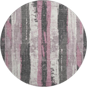 HomeRoots 8' Blush and Gray Striped Washable Round Rug – Durable, UV-Protected, Stylish for Indoor Spaces 706412