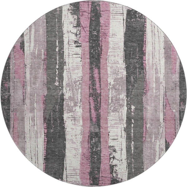 HomeRoots 8' Blush and Gray Striped Washable Round Rug – Durable, UV-Protected, Stylish for Indoor Spaces 706412