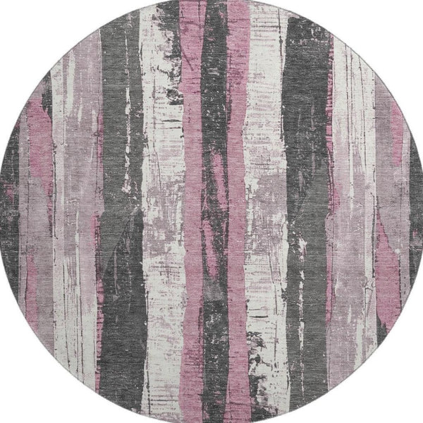 HomeRoots 8' Blush and Gray Striped Washable Round Rug – Durable, UV-Protected, Stylish for Indoor Spaces 706412