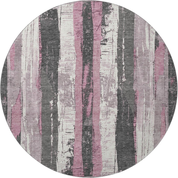 HomeRoots 8' Blush and Gray Striped Washable Round Rug – Durable, UV-Protected, Stylish for Indoor Spaces 706412