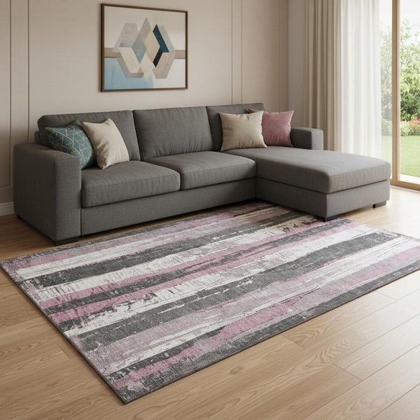 HomeRoots 8' X 10' Washable Blush and Gray Striped Area Rug - Durable, UV-Protected, Perfect for Busy Homes! 706413