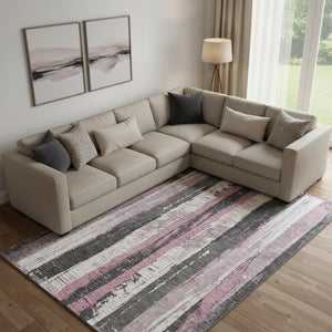 HomeRoots 9' X 12' Blush & Gray Striped Washable Area Rug - UV Protected, Stain Resistant, Non-Slip Backing 706414