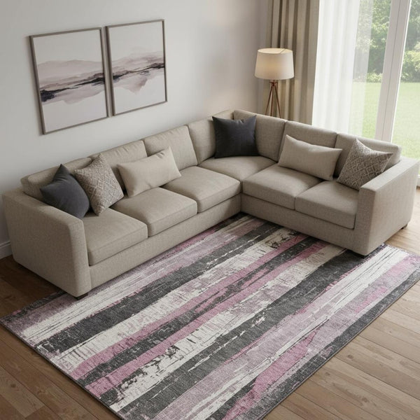HomeRoots 9' X 12' Blush & Gray Striped Washable Area Rug - UV Protected, Stain Resistant, Non-Slip Backing 706414