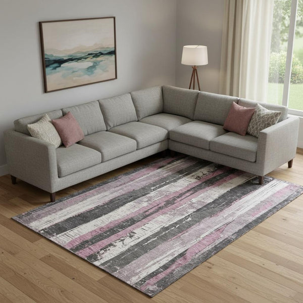 HomeRoots 10' Blush and Gray Striped Washable Area Rug with UV Protection - Stylish, Durable, and Low-Maintenance! 706415