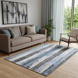 HomeRoots 5' X 8' Denim Blue and Gray Striped Area Rug - Washable, UV Protected, Durable for Family Homes 706417