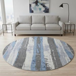 HomeRoots 8' Denim Blue and Gray Striped Washable Round Rug - Durable, Stain-Resistant, UV Protected Design! 706418