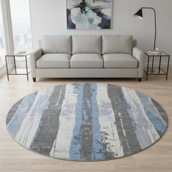 HomeRoots 8' Denim Blue and Gray Striped Washable Round Rug - Durable, Stain-Resistant, UV Protected Design! 706418