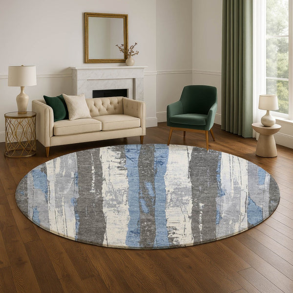 HomeRoots 8' Denim Blue and Gray Striped Washable Round Rug - Durable, Stain-Resistant, UV Protected Design! 706418